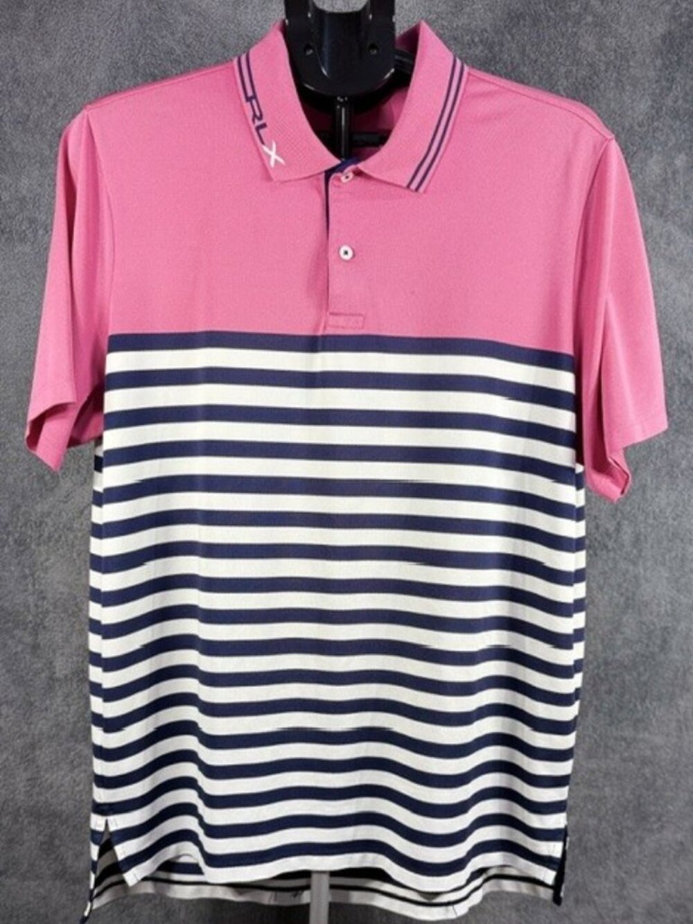 RLX Ralph Lauren Mens L Golf Shirt Pink White & Navy Blue Stripe Polo Active Top